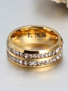 Men Rhinestone Decor Ring Fashion Casual Romantic Stainless Steel Double Row Cubic Zirconia Ring For Engagement Wedding - Yellow Gold - View 3