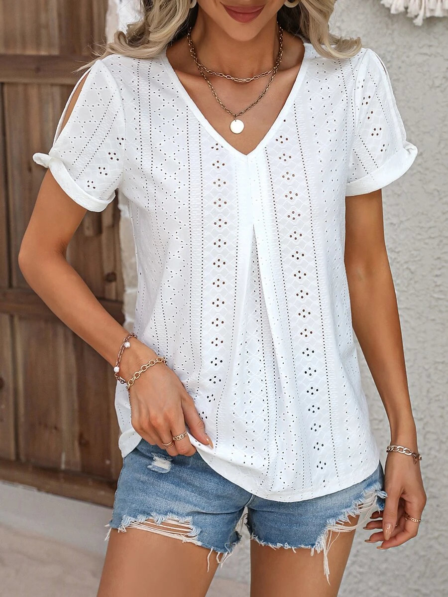 SHEIN LUNE 網眼刺繡T恤 - 白色 - 查看 1