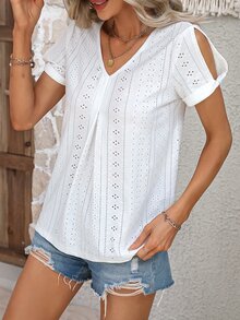 SHEIN LUNE 網眼刺繡T恤 - 白色 - 查看 6