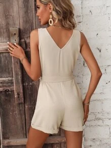 SHEIN LUNE 前紐扣斜口袋腰帶背心連體短褲 - 卡其色 - 查看 2