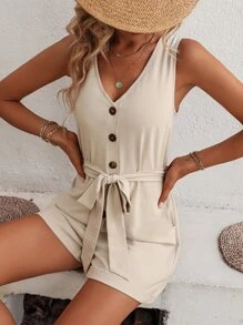 SHEIN LUNE 前紐扣斜口袋腰帶背心連體短褲 - 卡其色 - 查看 5
