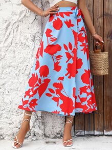 SHEIN VCAY Floral Print Knot Side Wrap Skirt - Blue - View 1