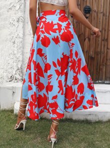 SHEIN VCAY Floral Print Knot Side Wrap Skirt - Blue - View 2