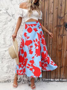 SHEIN VCAY Floral Print Knot Side Wrap Skirt - Blue - View 4