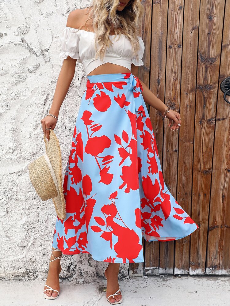 SHEIN VCAY 印花側打結裹身裙 - 藍色 - 查看 4