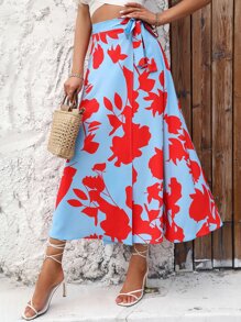 SHEIN VCAY Floral Print Knot Side Wrap Skirt - Blue - View 5