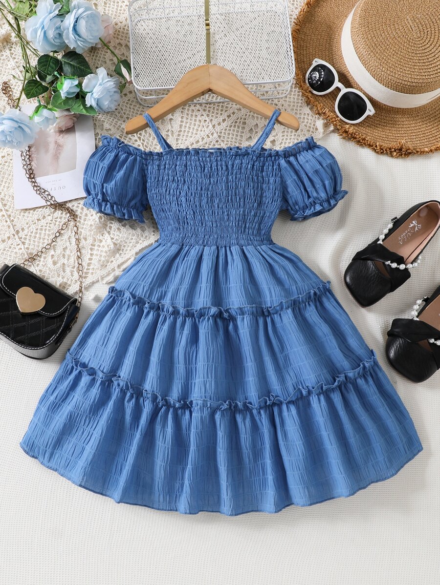 Young Girl Cold Shoulder Shirred A-Line Dress - Blue - View 1