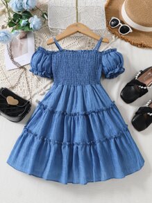 Young Girl Cold Shoulder Shirred A-Line Dress - Blue - View 2