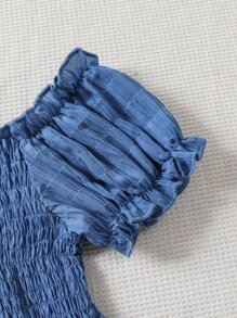 Young Girl Cold Shoulder Shirred A-Line Dress - Blue - View 3