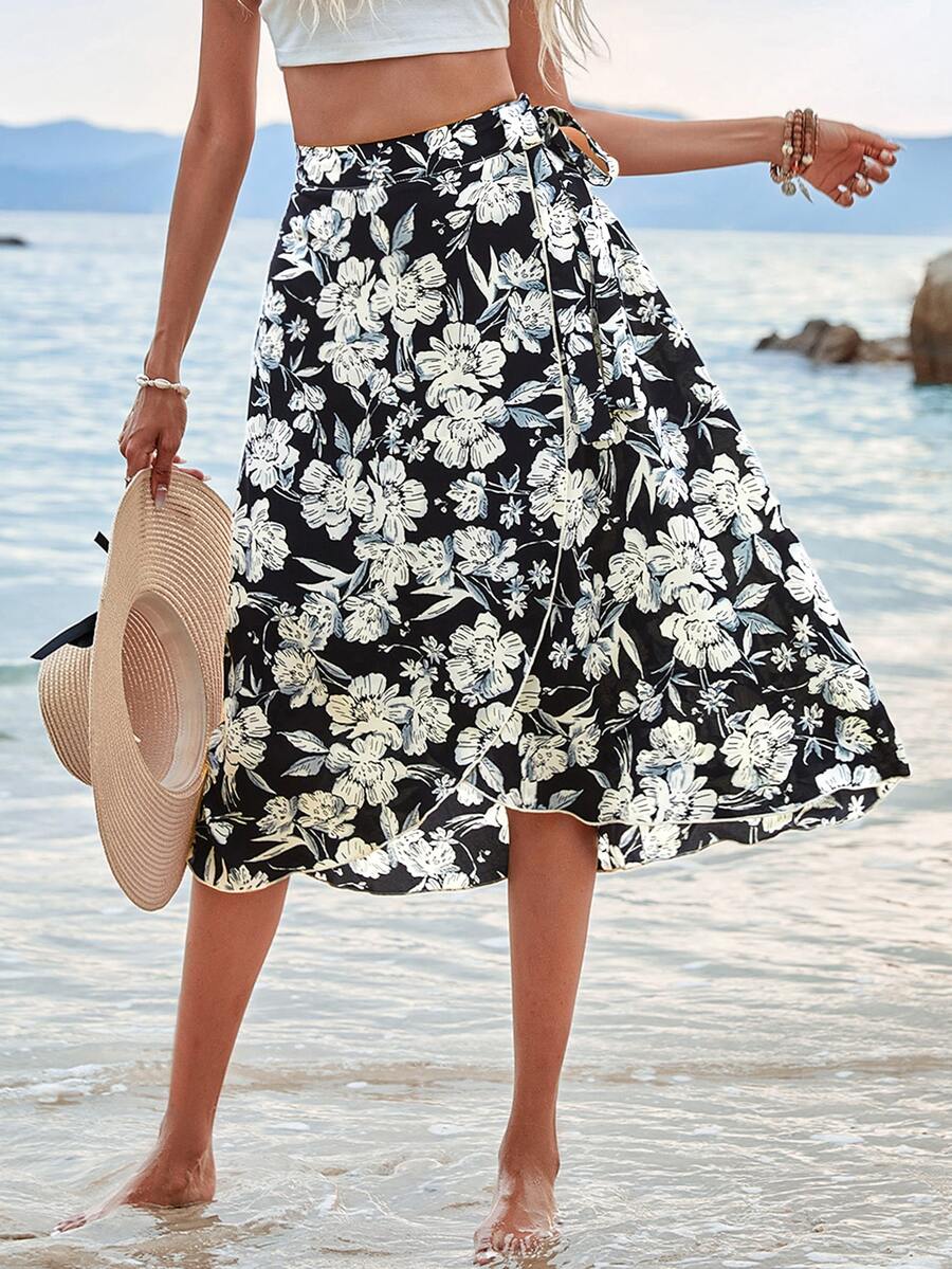 SHEIN VCAY Floral Print Knot Side Wrap Skirt - Black - View 1