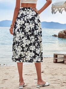 SHEIN VCAY Floral Print Knot Side Wrap Skirt - Black - View 2