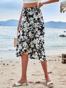 SHEIN VCAY Floral Print Knot Side Wrap Skirt - Black - View 3