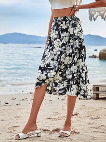 SHEIN VCAY Floral Print Knot Side Wrap Skirt - Black - View 4