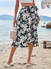 SHEIN VCAY Floral Print Knot Side Wrap Skirt - Black - View 5