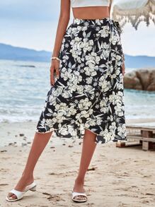 SHEIN VCAY Floral Print Knot Side Wrap Skirt - Black - View 6