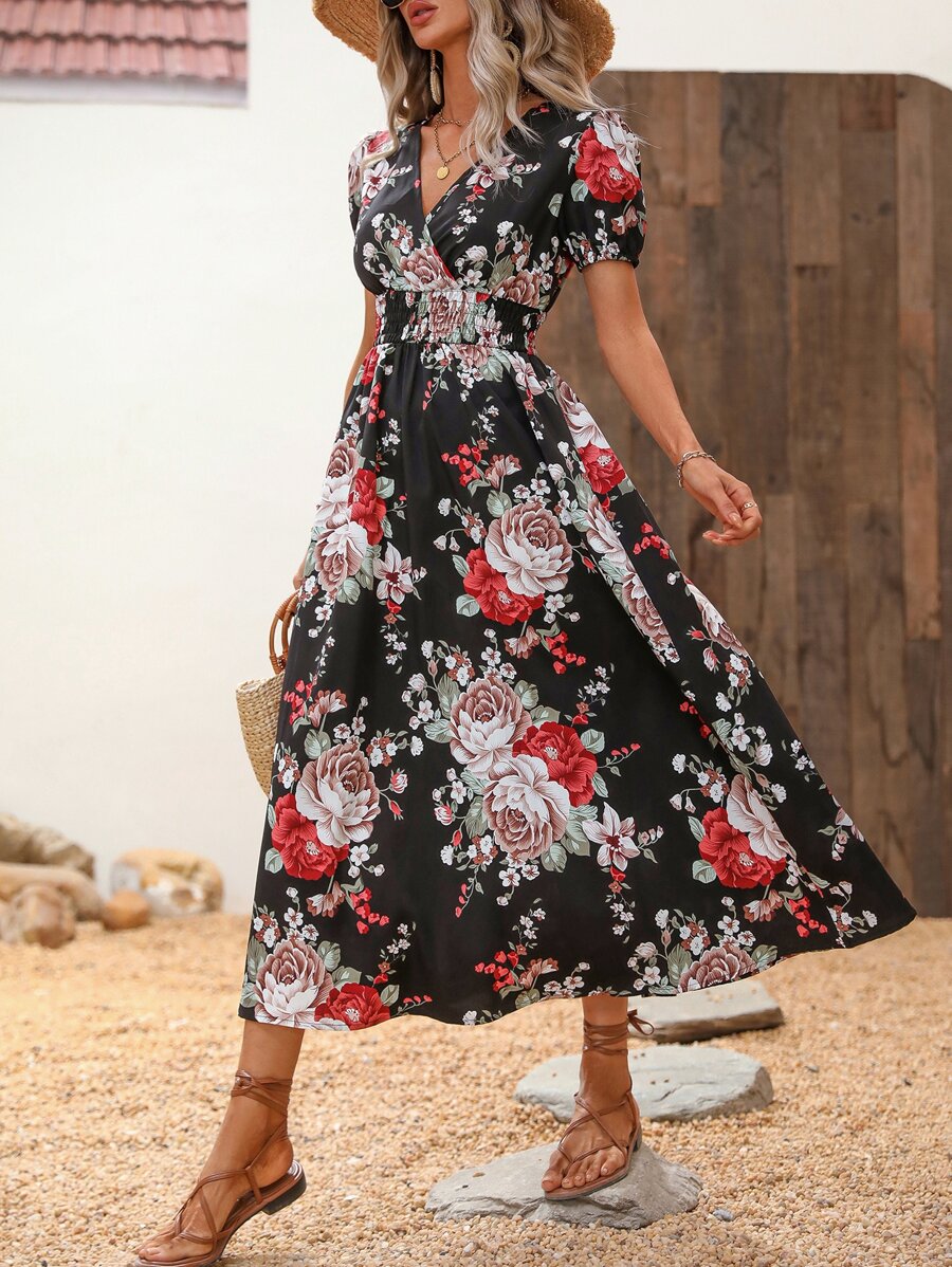 SHEIN VCAY Floral Print Puff Sleeve Dress - Black - View 1