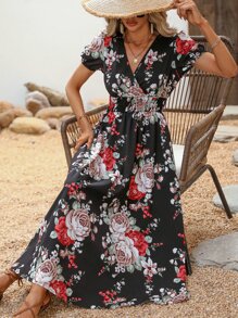 SHEIN VCAY Floral Print Puff Sleeve Dress - Black - View 5