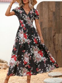 SHEIN VCAY Floral Print Puff Sleeve Dress - Black - View 6