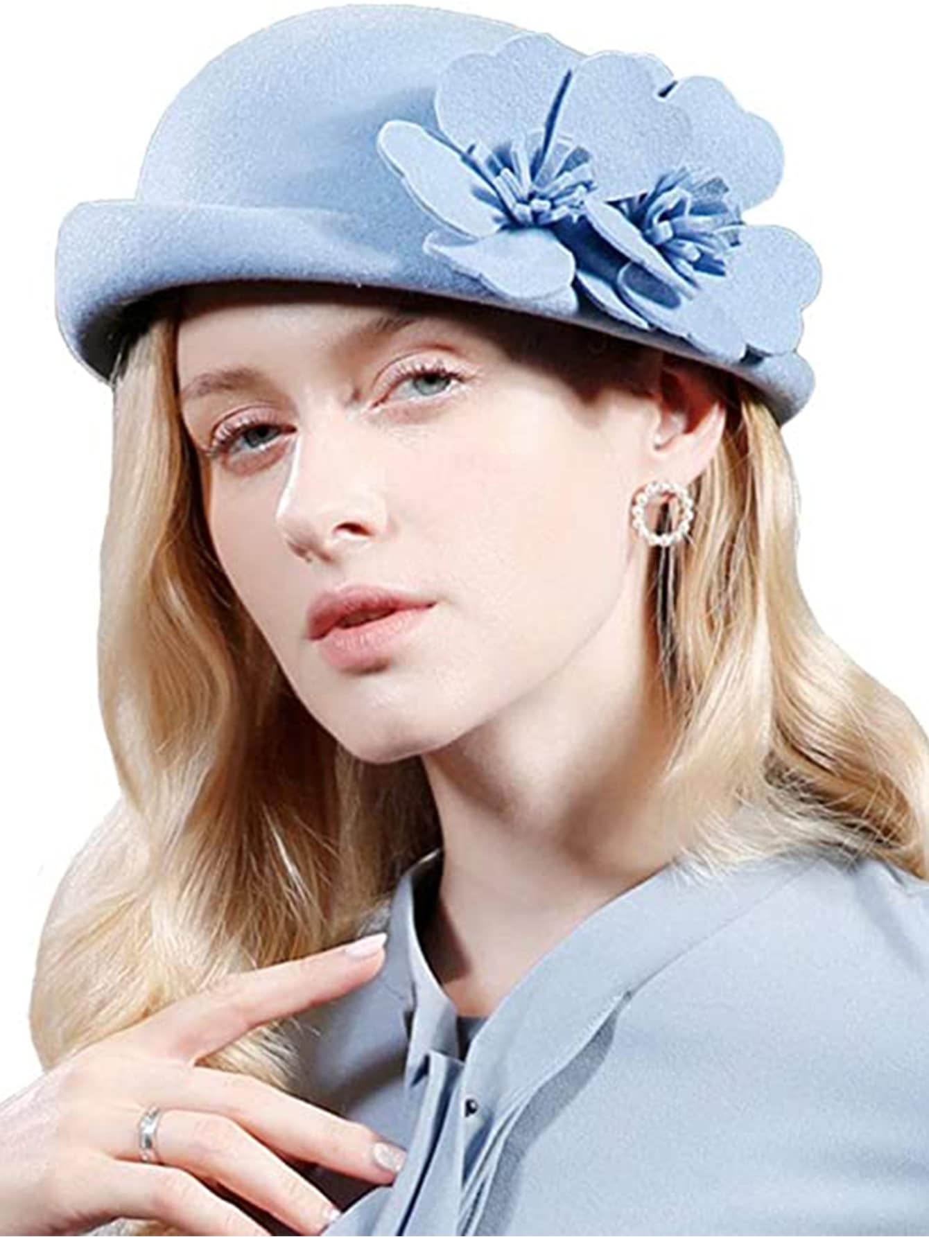 HIMESPORT Mũ len nữ trang trí hoa thanh lịch, cho tiệc trà - Màu xanh bụi bặm - Xem 1