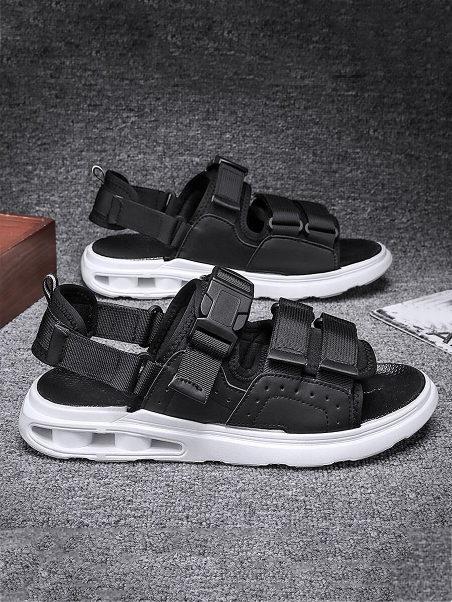 Men Release Buckle Decor Hook-and-loop Fastener Sandals, Sporty Mesh Sport Sandals For Summer - White - View 1