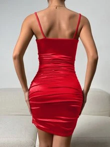 SHEIN Allurite Ruched Wrap Satin Cami Bodycon Dress - Red - View 2