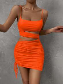 Chiquease 鏤空側抽繩吊帶緊身洋裝 - 亮橙色 - 查看 1
