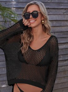 SHEIN Swim Áo che Nữ cắt màu trơn - màu đen - Xem 3