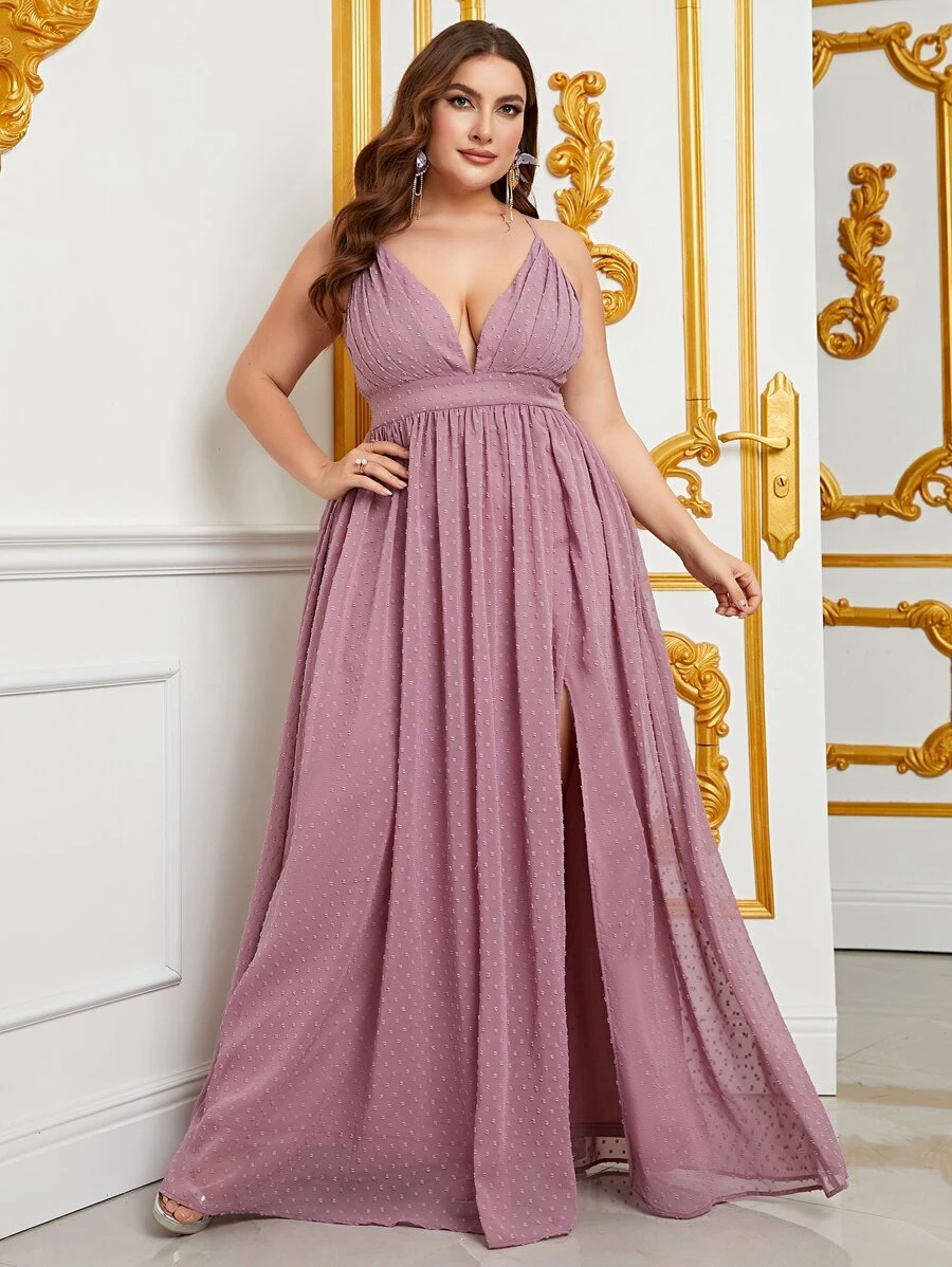 Plus Plunge Neck Split Thigh Chiffon Cami Dress - Dusty Pink - View 1