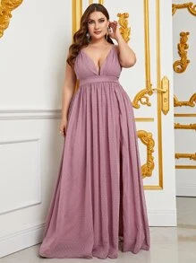 Plus Plunge Neck Split Thigh Chiffon Cami Dress - Dusty Pink - View 3