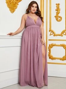 Plus Plunge Neck Split Thigh Chiffon Cami Dress - Dusty Pink - View 4