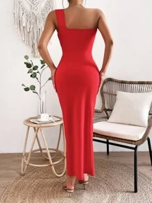 SHEIN Privé Đầm Cắt ra Tách cao màu trơn Thanh lịch - Đỏ - Xem 4