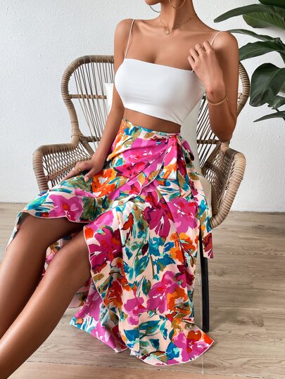 SHEIN Holidaya Floral Print Knot Side Wrap Skirt Maxi Vacation Beach Outfits Women Fall Cloth For Women
