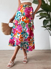 SHEIN Holidaya 花卉印花结饰侧裹裙长款度假海滩装女装 - 彩色 - 查看 5