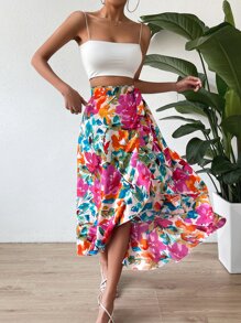 SHEIN Holidaya 花卉印花结饰侧裹裙长款度假海滩装女装 - 彩色 - 查看 1