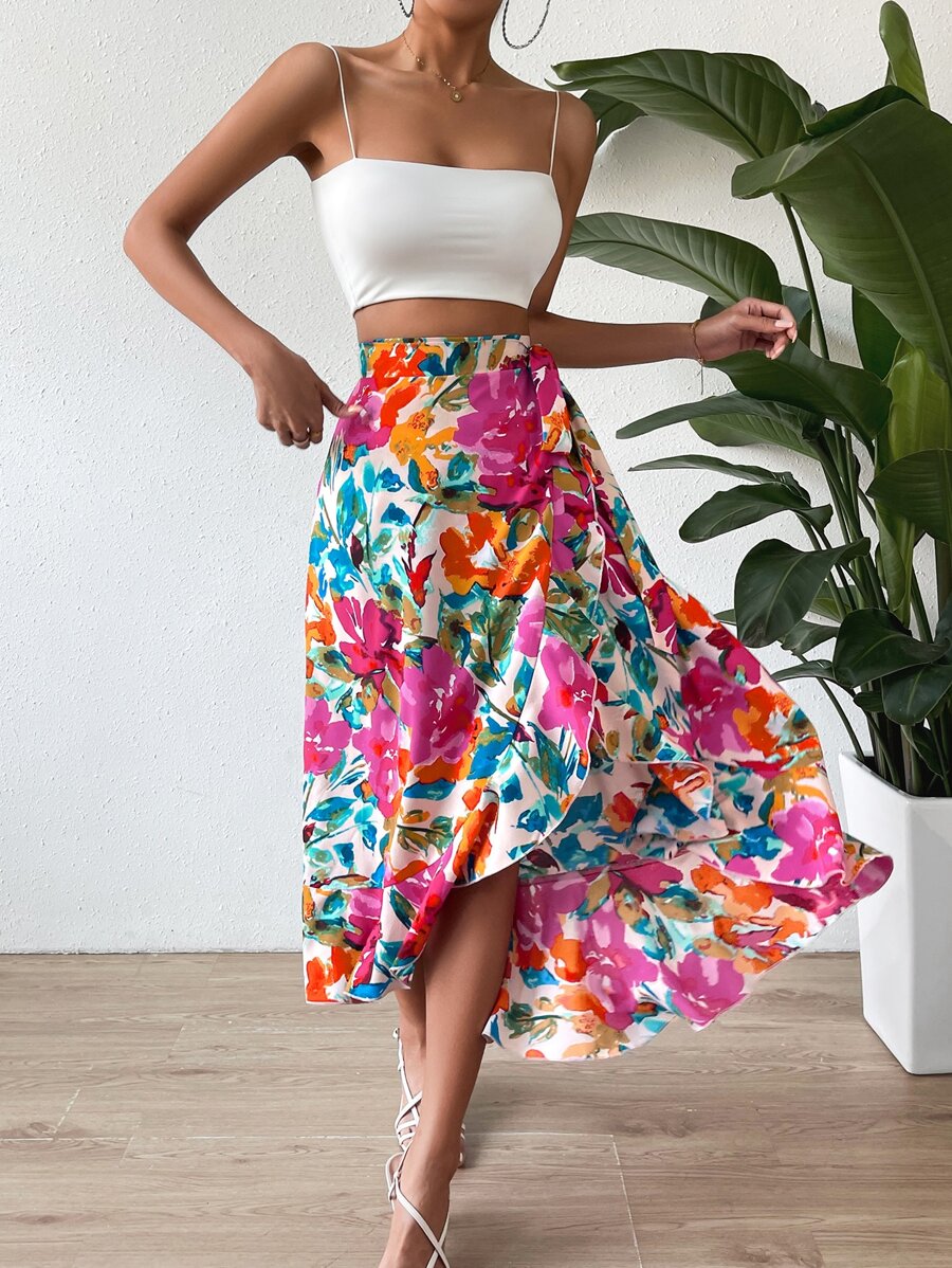 SHEIN Holidaya 花卉印花结饰侧裹裙长款度假海滩装女装 - 彩色 - 查看 1