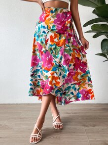 SHEIN Holidaya 花卉印花结饰侧裹裙长款度假海滩装女装 - 彩色 - 查看 6