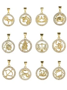 1入組星座象徵細節圓形DIY吊墜 - 金黃色 - 查看 1