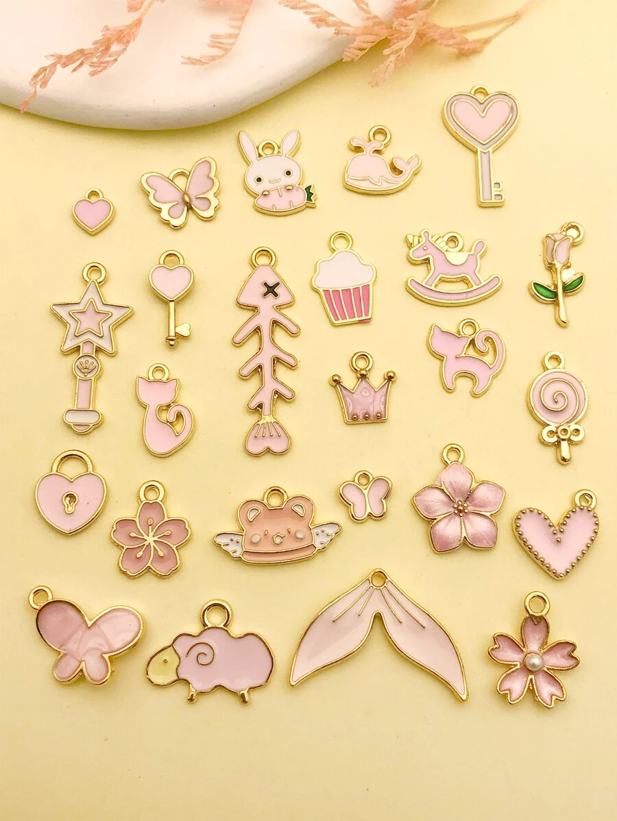 25入組/套花和蝴蝶DIY吊墜 - 粉色 - 查看 1