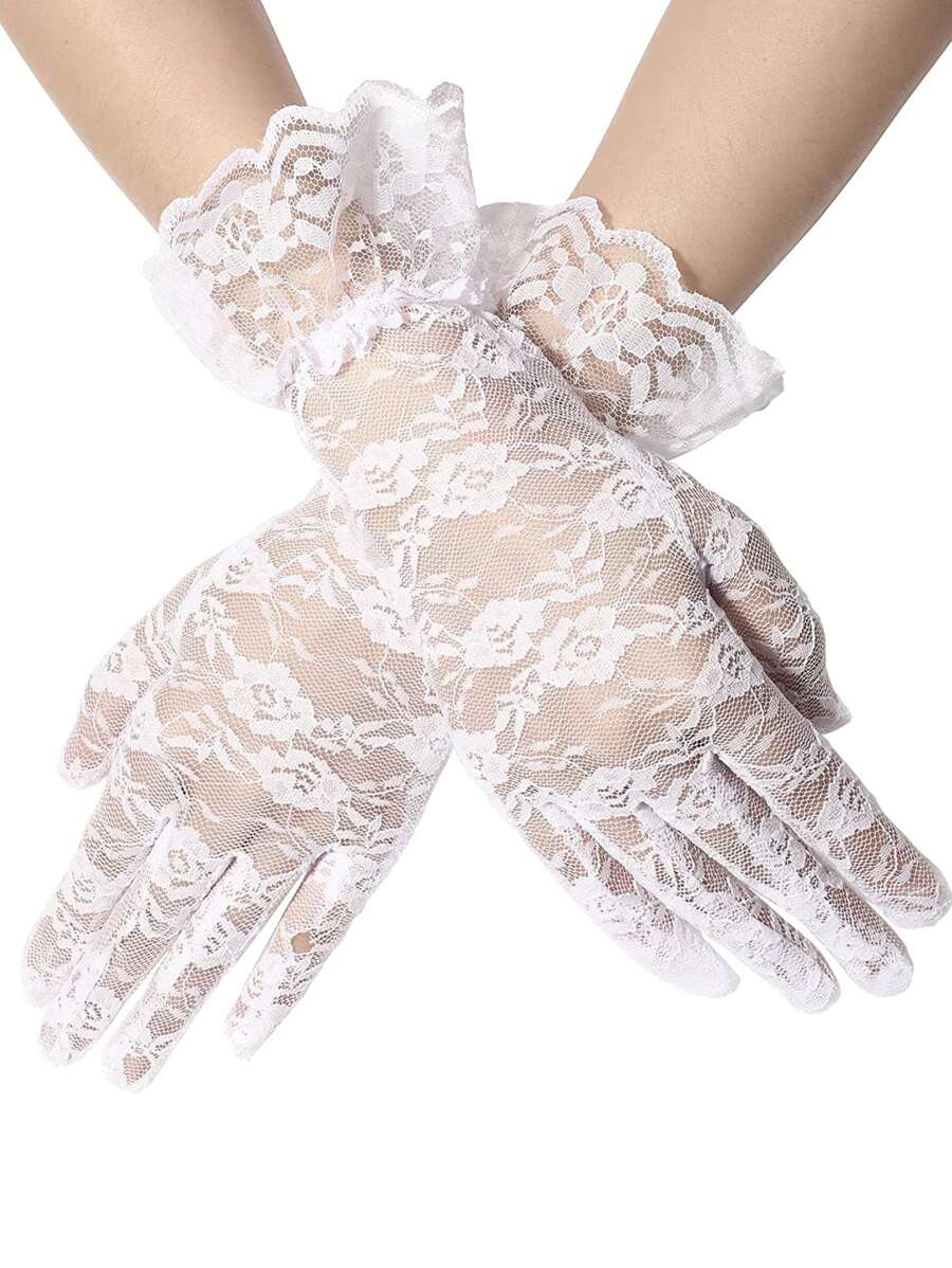 1pair Girls' Flower Lace Edge Gloves Suitable For Daily, Performance And Festival Use - White - View 1