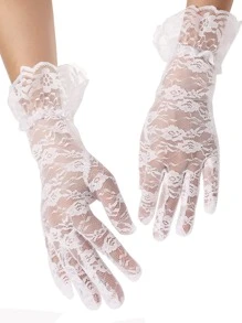 1pair Girls' Flower Lace Edge Gloves Suitable For Daily, Performance And Festival Use - White - View 2
