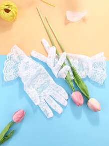1pair Girls' Flower Lace Edge Gloves Suitable For Daily, Performance And Festival Use - White - View 4