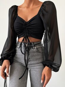Drawstring Front Lantern Sleeve Crop Top - Black - View 1