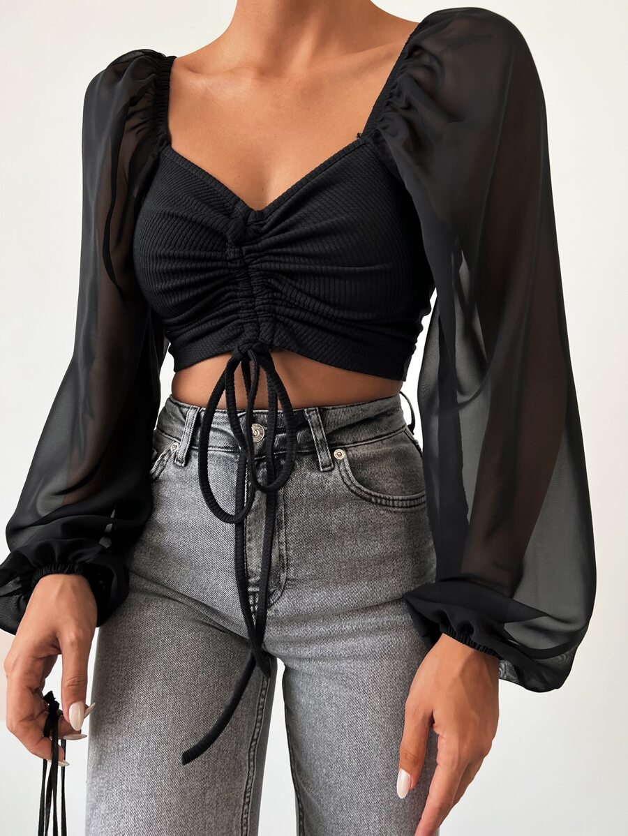 Drawstring Front Lantern Sleeve Crop Top - Black - View 1