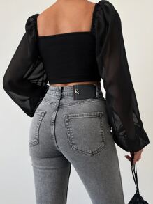 Drawstring Front Lantern Sleeve Crop Top - Black - View 2