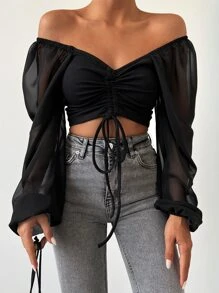 Drawstring Front Lantern Sleeve Crop Top - Black - View 5