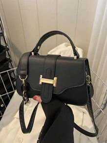 Small Square Bag Fashionable Metal Decor Top Handle Flap PU