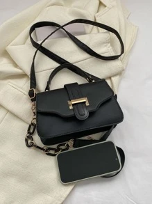 Small Square Bag Fashionable Metal Decor Top Handle Flap PU