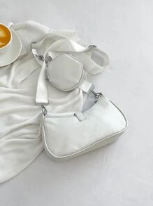 白色方形袋扣裝飾,配有包的日常使用女包,附有零錢包