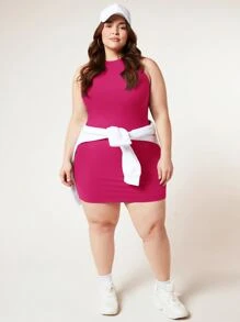 SHEIN BASICS Vestido De Cuerpo Sólido Bodycon Plus - Rosa Fucsia - Ver 3