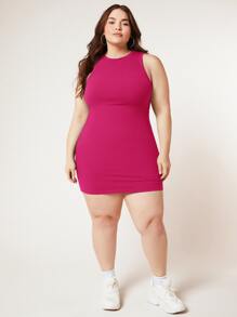 SHEIN BASICS Vestido De Cuerpo Sólido Bodycon Plus - Rosa Fucsia - Ver 4